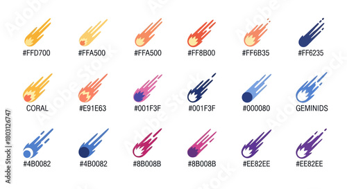 Collection of stylized colorful comets and meteor icons with vibrant trails isolated