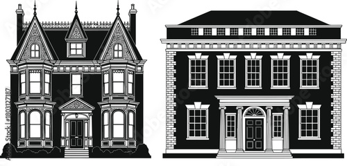 Black and white silhouette illustrations of two distinct architectural styles of houses