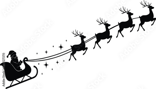 Black silhouette of Santa Claus in a sleigh pulled by reindeer with stars christmas