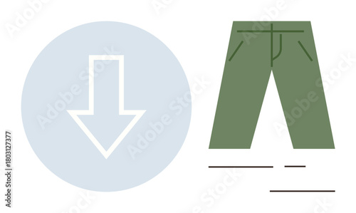 Downward arrow pointing beside green pants, suggesting shopping, sales, clothing selection, sustainable fashion, product choice, e-commerce, decision-making. Ideal for business or design needs as