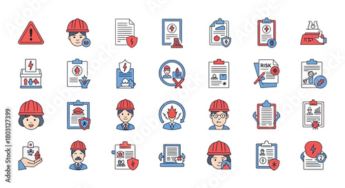 Line art of electrical safety icons with outline in the industrial sector for construction safety