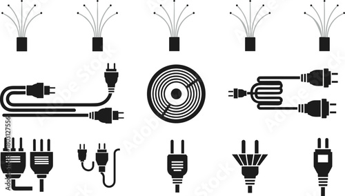Collection of black electrical plugs and fiber optic cable icons on white background