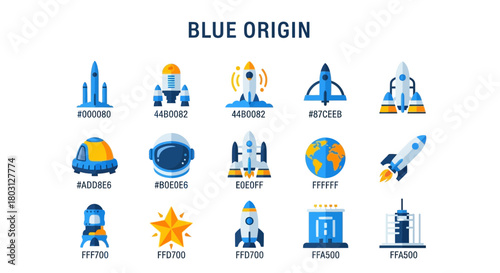 Vector Illustration of Blue Origin Space Exploration Icons with Color Hex Codes