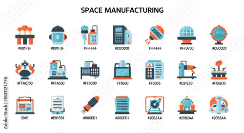 Illustrations showcasing various space manufacturing icons and color palettes for design inspiration