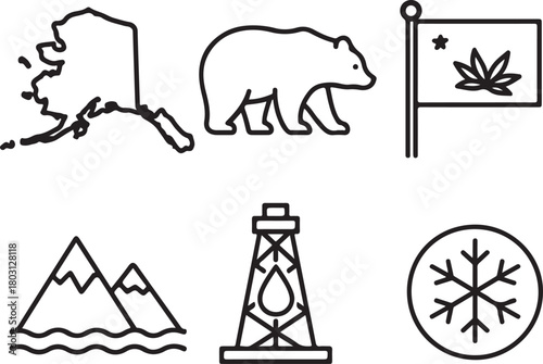 Alaskan map, iconic bear, oil rig, majestic mountains, snowflake, and a flag with cannabis leaf. essential vector pack for state themes. isolated on white background, Vector, illustration