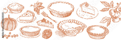 Hand drawn Thanksgiving pies illustration set in vintage sketch style