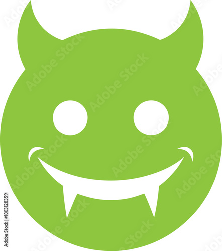 Green devil face with horns and fangs smiling demon monster