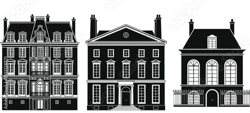 Three Black And White Silhouettes Of Architectural Buildings With Windows And Chimneys