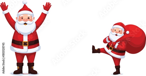 Two cartoon Santas one waving arms up other carrying gift sack Santa Claus Christmas