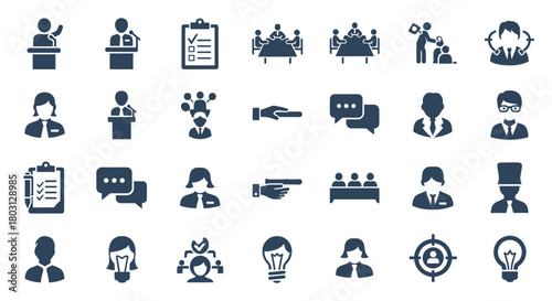 Set of Business People Icons for Meeting and Communication in Dark Blue
