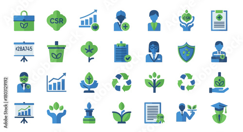 Collection of Corporate Social Responsibility and Sustainability Icons Set Flat Style