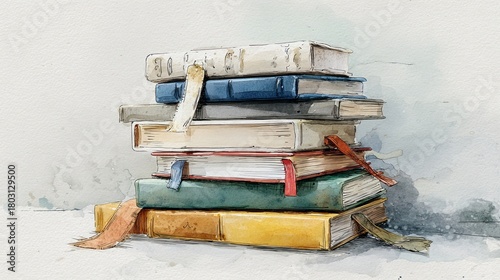 A stack of colorful books with bookmarks, illustrated in a watercolor style, resting on a light background.
