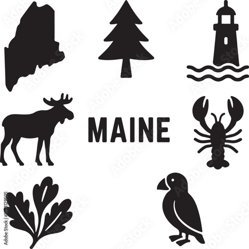Iconic symbols of maine: map, pine tree, lighthouse, moose, lobster, puffin, leaf. versatile vector collection for state tourism and travel. isolated on white background, Vector, illustration