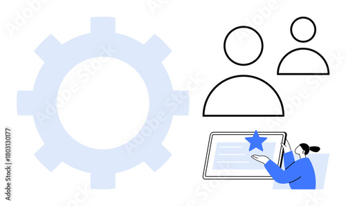 Gear symbol alongside profiles and a user engaging with a touchscreen device emphasizes teamwork, system settings, and user interaction. Ideal for productivity, efficiency, teamwork, digital