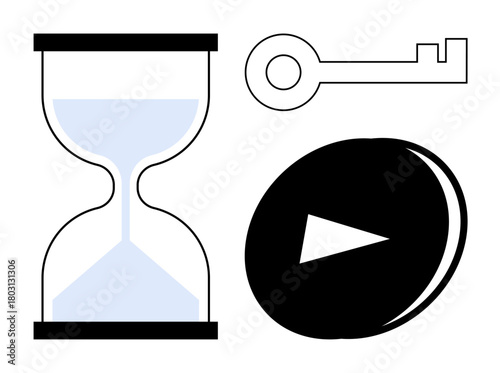 Hourglass with sand, key outline, and triangular play button. Ideal for themes thumbs up time management, security, multimedia, decision-making, simplicity productivity digital navigation. Simple
