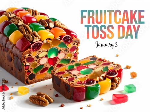 A vibrant and colorful fruitcake ready for fruitcake toss day celebration on january 3rd