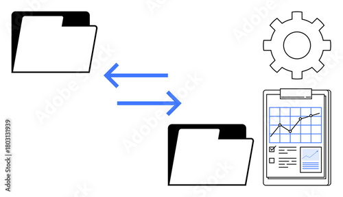 Two folders connected with arrows next to clipboard with graph and gear. Ideal for data management, analytics, workflow automation, backup, file sharing, data processing, cloud storage. A simple flat