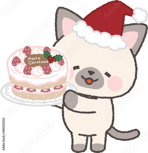 クリスマスケーキを持って微笑むシャムネコ