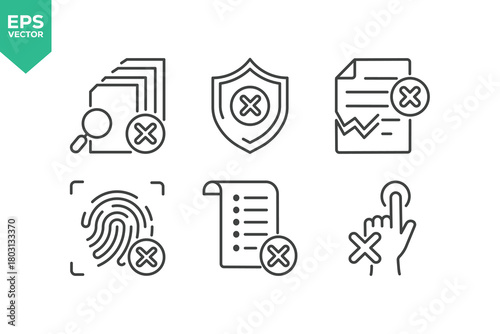 Set Of Rejection Line Icons. Contains such icons as Cross Shape, Rejection, Failure, Cancel, Privacy, Alertness, Delete Key, Forbidden, and more.