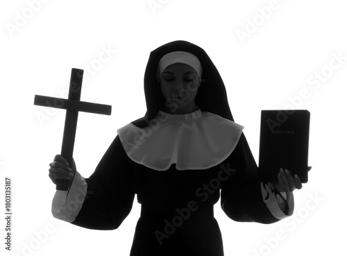 Silhouette of nun with cross and Holy Bible on white background