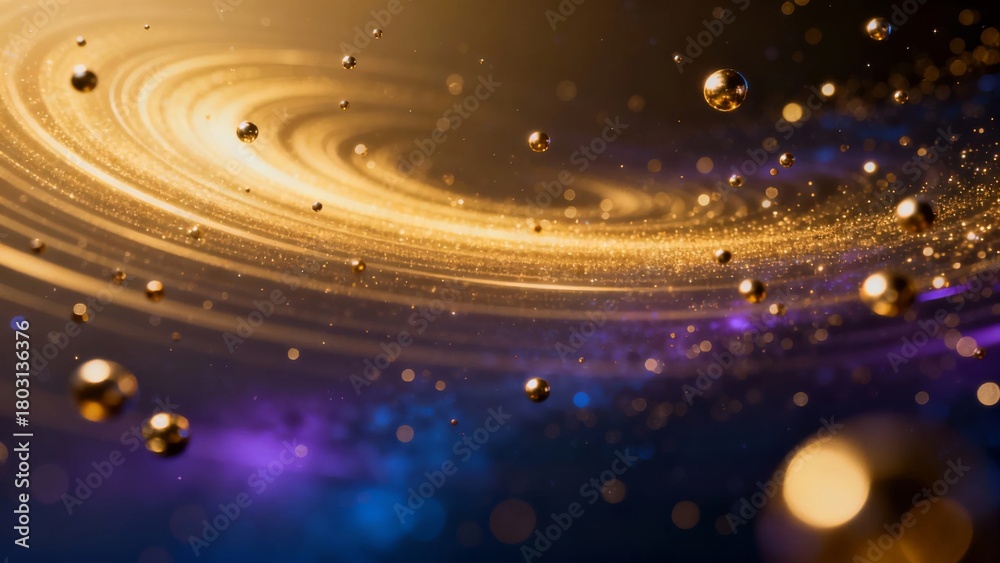 Obraz premium Golden spiral galaxy with floating particles and cosmic dust in a vibrant space scene
