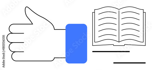 Hand giving a thumbs-up alongside an open book with lines representing text. Ideal for education, approval, knowledge-sharing, motivation, feedback, learning, and achievement concepts. Simple flat
