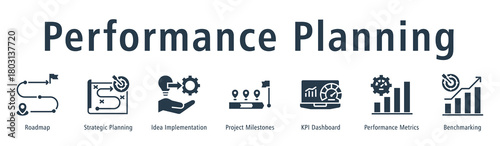 Performance Planning web banner icon vector illustration concept with icon of roadmap, idea implementation, project milestones, KPI dashboard, performance metrics, benchmarking, and planning.