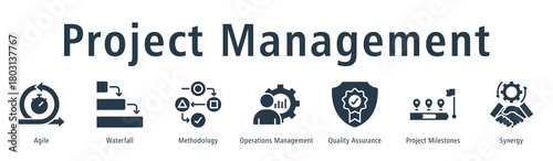 Project management web banner icon vector illustration concept with icon of agile, waterfall, methodology, operations management, quality assurance, project milestones, and synergy.