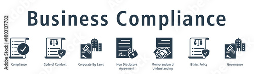 Business compliance web banner icon vector illustration concept with icon of compliance, code of conduct, corporate by laws, non disclosure agreement, memorandum of understanding, and ethics policy.