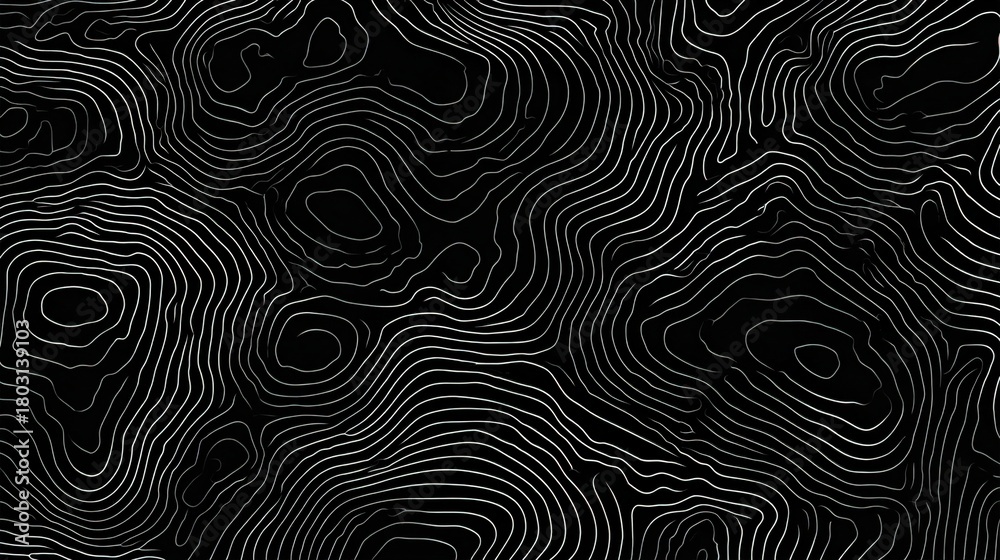 Obraz premium Curved white lines create a detailed topographic design on a black background, showing the flow and elevation of the landscape. This abstract pattern highlights natural formations.