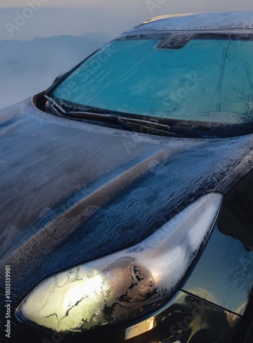 Car windshield and headlight covered in ice