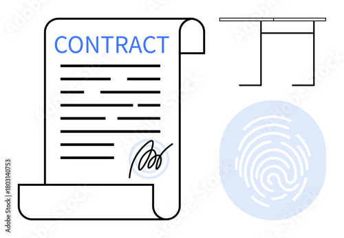 Document with contract title and signature, fingerprint for security, and a table symbolizing agreement. Ideal for business, law, security, verification, agreement documentation risk. Simple flat