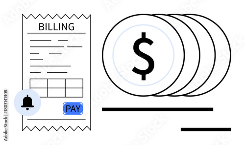 Billing invoice with Pay button, notification bell, and stacked coins with dollar symbol. Ideal for payment systems, finance, budgeting, invoices, money management, reminders digital transactions