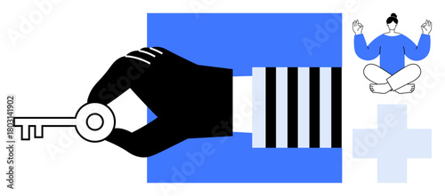 Close-up of a hand holding a key, calm person meditating in lotus pose, plus sign. Ideal for mindfulness, balance, focus, opportunity, success wellness positivity. Simple flat metaphor