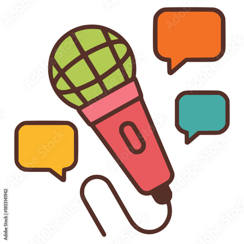 Microphone interview reporter talk news flat color vector illustration template design