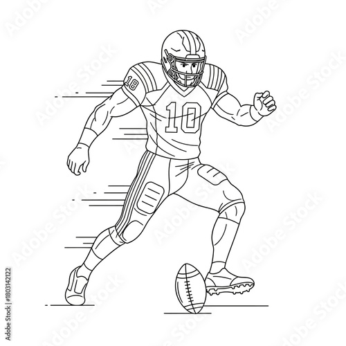 A black and white line drawing of an American football player in uniform kicking a football.