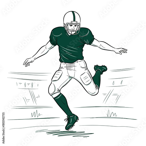Hand-drawn illustration of an American football player in a green uniform kicking a ball on a field.