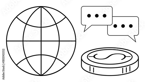Globe with communication speech bubbles and currency coin symbolizing global trade, online finance, networking. Ideal for globalization, economy, fintech, innovation, communication, e-commerce