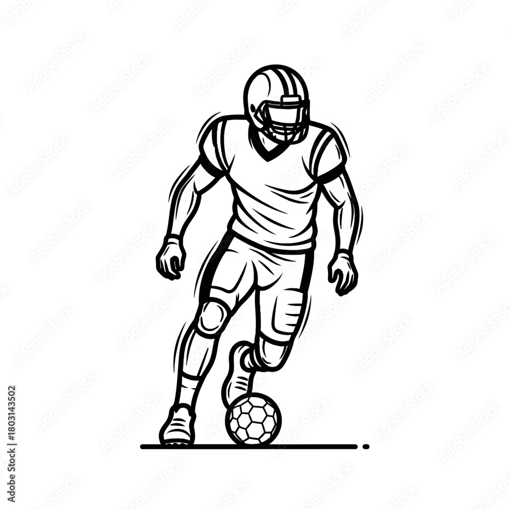 Fototapeta premium Black and white illustration of an American football player running with a soccer ball.