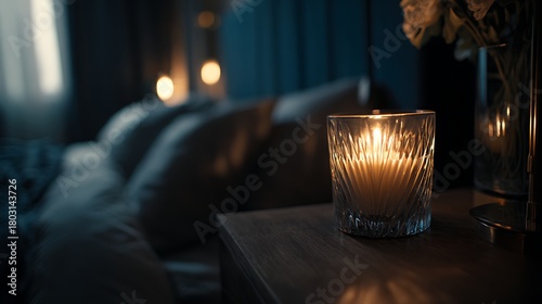 Lit Candle in a Decorative Glass on a Bedside Table at Night / 夜、ベッドサイドの装飾的なグラスで灯るキャンドル