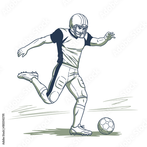A dynamic illustration of an American football player in uniform kicking a soccer ball during a game.
