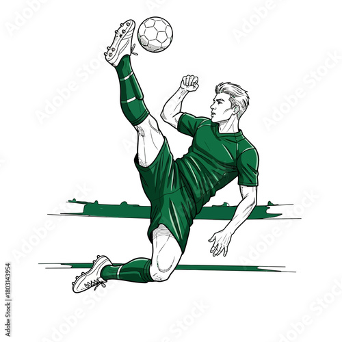 A dynamic illustration of a soccer player in green attire executing a high kick, aiming for the ball.