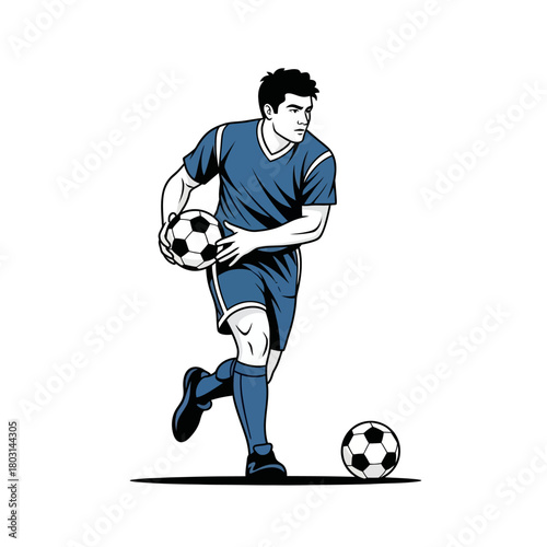 Vector illustration of a male soccer player in a blue uniform holding one ball with another at his feet.