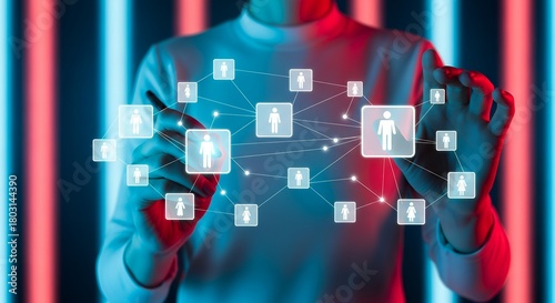 A person's hand touches a digital network interface displaying interconnected human icons representing connection and communication within a global system people technology online social