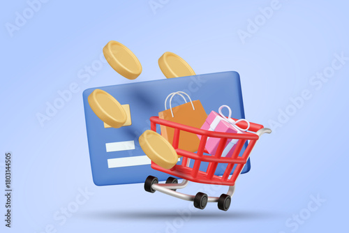 3D vector illustration render of online payment and ecommerce concept with shopping cart, gift box, shopping bag, credit card and gold coin. Payment concept, transaction, loyalty program, cashback.