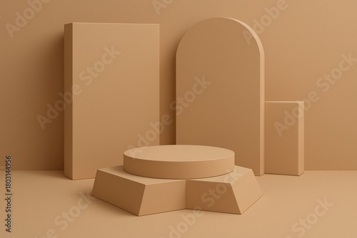 3D background products display podium scene with geometric platform. Stage showcase on pedestal display beige studio.
