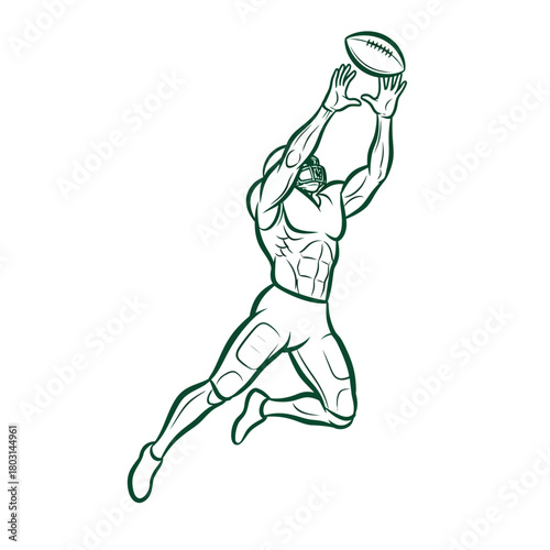 Illustration of a muscular football player catching a football in mid-air.
