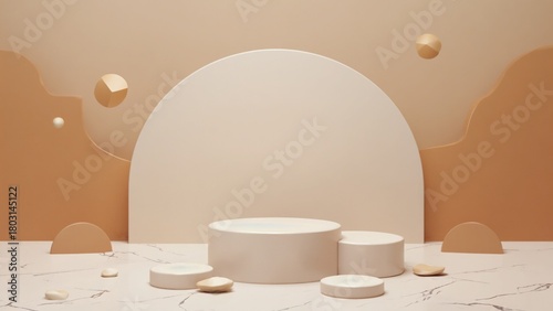3D background products display podium scene with geometric platform. Stage showcase on pedestal display beige studio.

