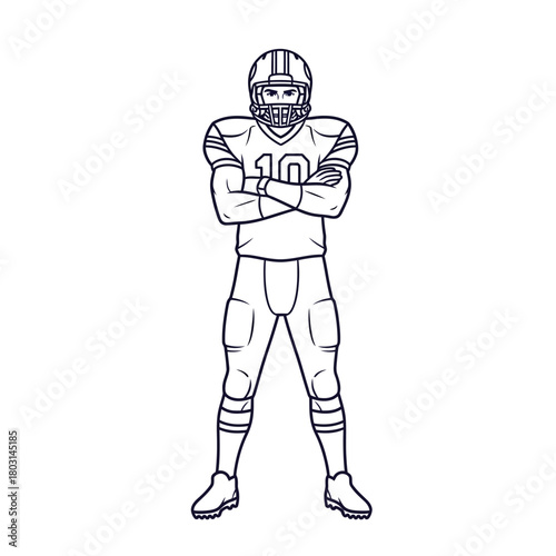 Line art illustration of an American football player in full uniform with arms crossed.