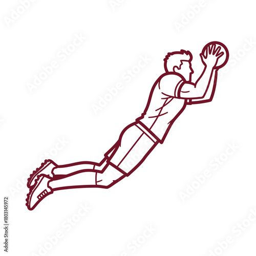 A dynamic line drawing of a soccer goalkeeper diving to catch a ball.